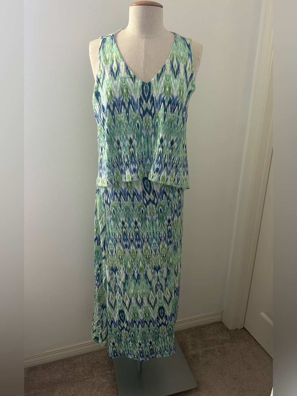 Chico’s Popover Ikat Tiered Maxi Dress Regatta Blue Women's Sz 0 (US Size 4/6)